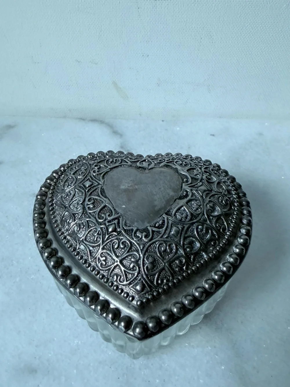 Ornate Silver-Topped Glass Trinket Box - Clear Glass